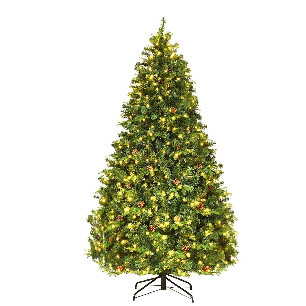 CostwaySapin de Noël Artificiel 240cm Arbre de Noël 81 pommes de pin, Lumières LED, Pied en Métal 60cm, en PVC et PE, Vert