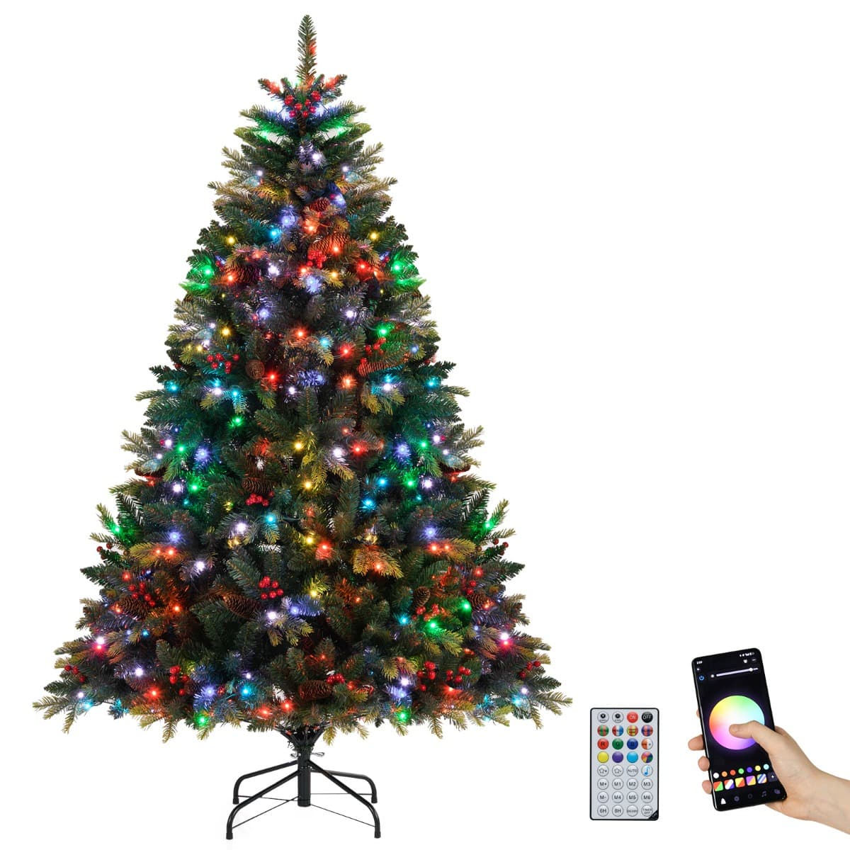 CostwayArbre de Noël Artificiel Pré-éclairé avec Télécommande Lumières RGB Multicolores Branches en PE&PVC Modes Scintillants Branches à Charnières