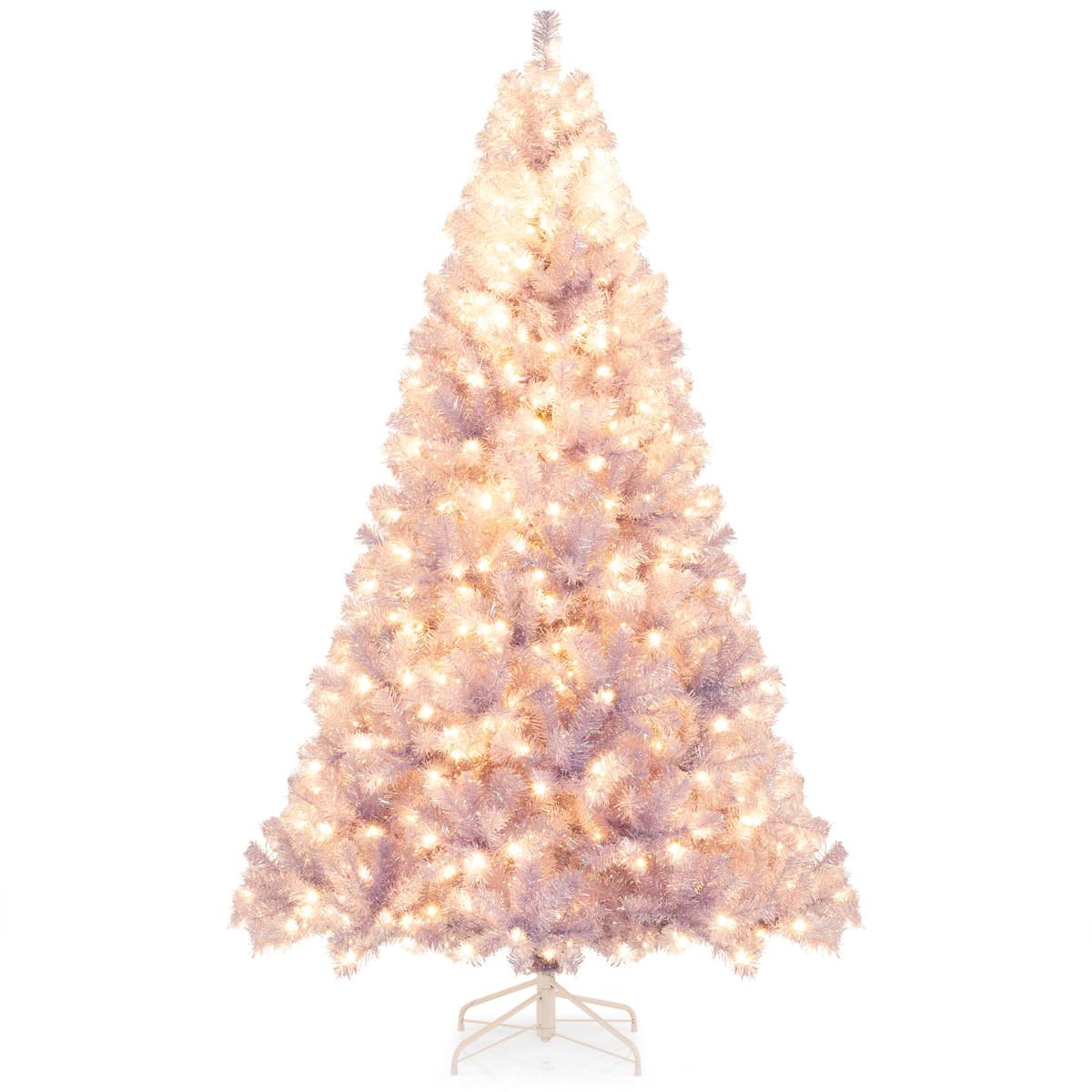 Costway225cm Arbre de Noël Pré-éclairé avec 1300 Pointes de Branches 550 lumières LED Blanc Chaud 8 Modes Socle Métallique Violet