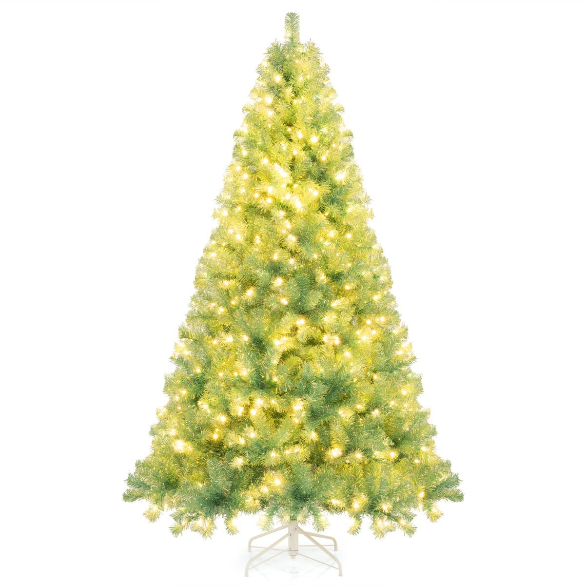 Costway225cm Arbre de Noël Pré-éclairé avec 1300 Pointes de Branches 550 lumières LED Blanc Chaud 8 Modes Socle Métallique Vert