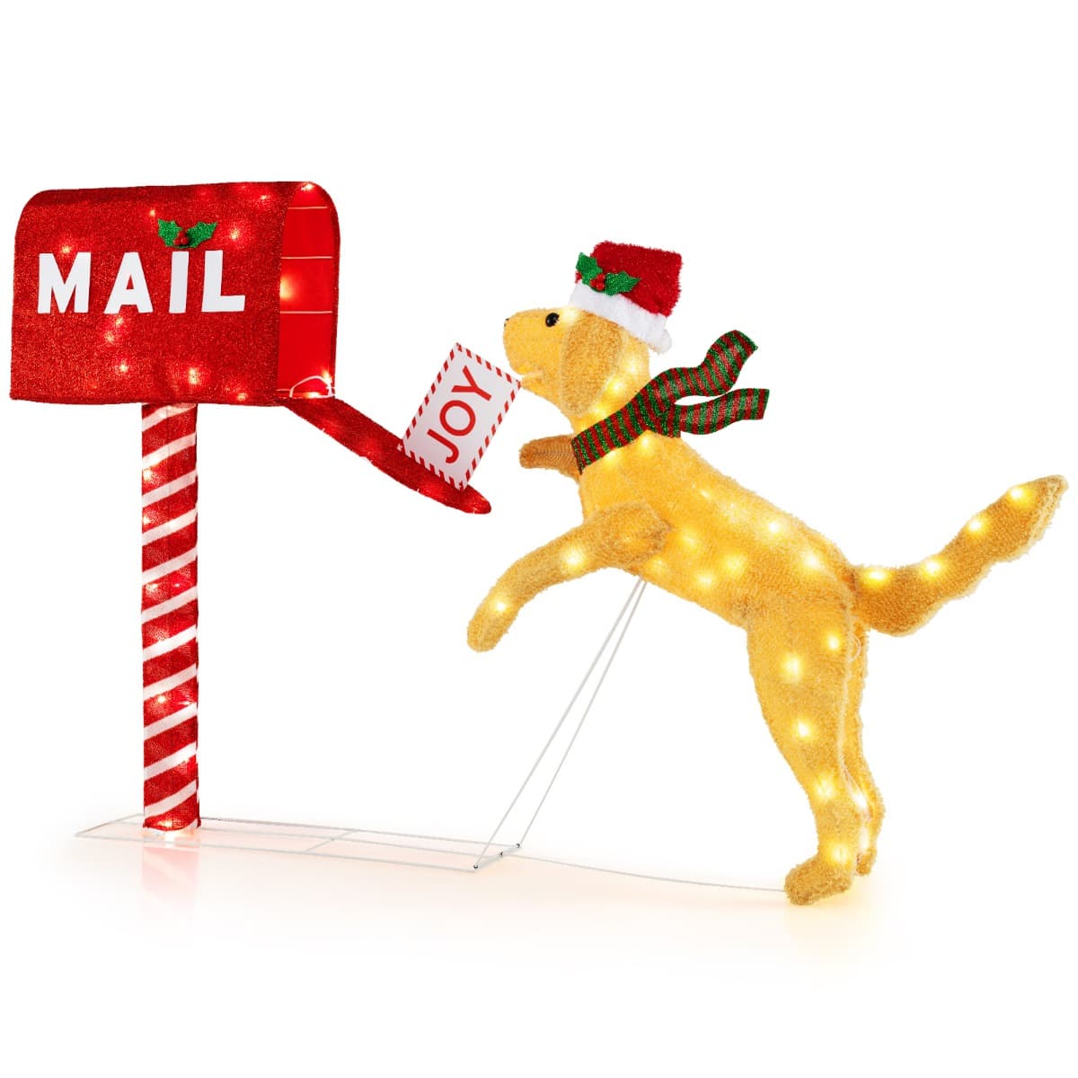 CostwayBoîte aux Lettres de Noël et Chien Décoration Festive Illuminée avec 120 LED Blanc Chaud Décoration de Noël Extérieure Étanche Rouge + Jaune