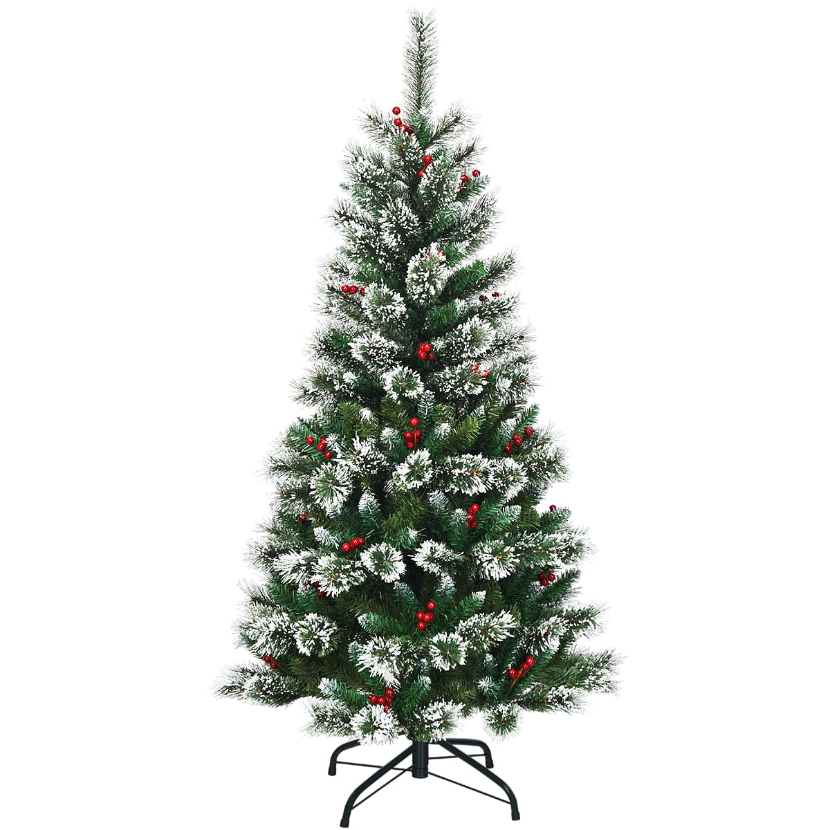 CostwaySapin de Noël Artificiel 150cm avec Flocons de Neige avec Baies Rouges Dense Base en Métal 100% PVC Décoration de Vacances