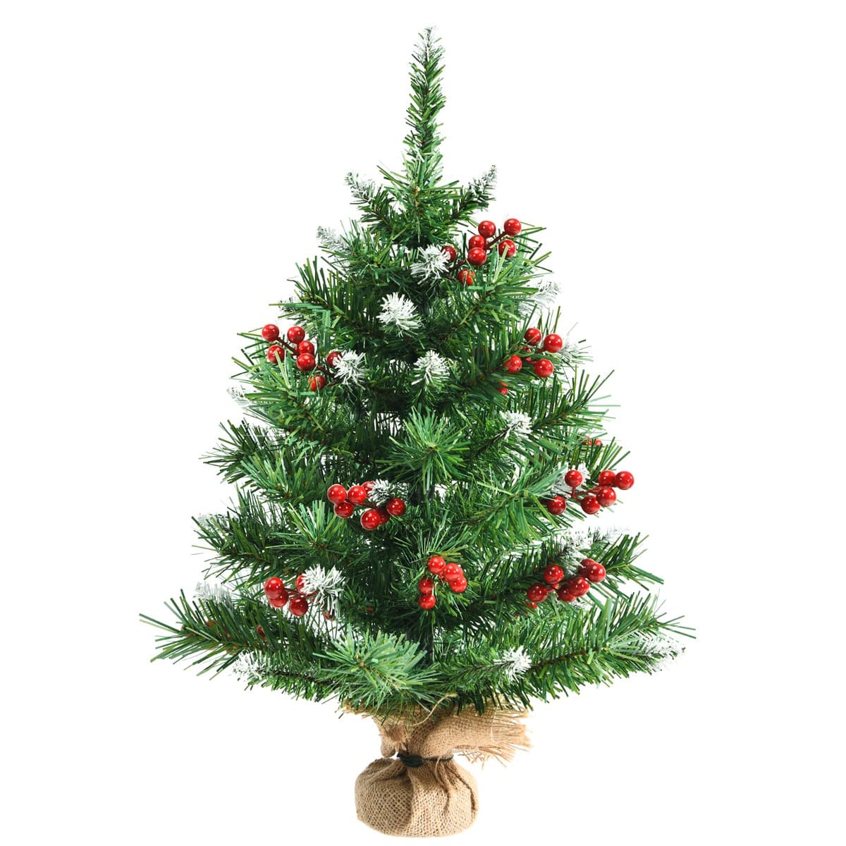 CostwaySapin de Noël de Table Miniature 60 cm avec 76 Rameaux PVC Grappes de Baies Rouges Base en Ciment Recouverte de Jute