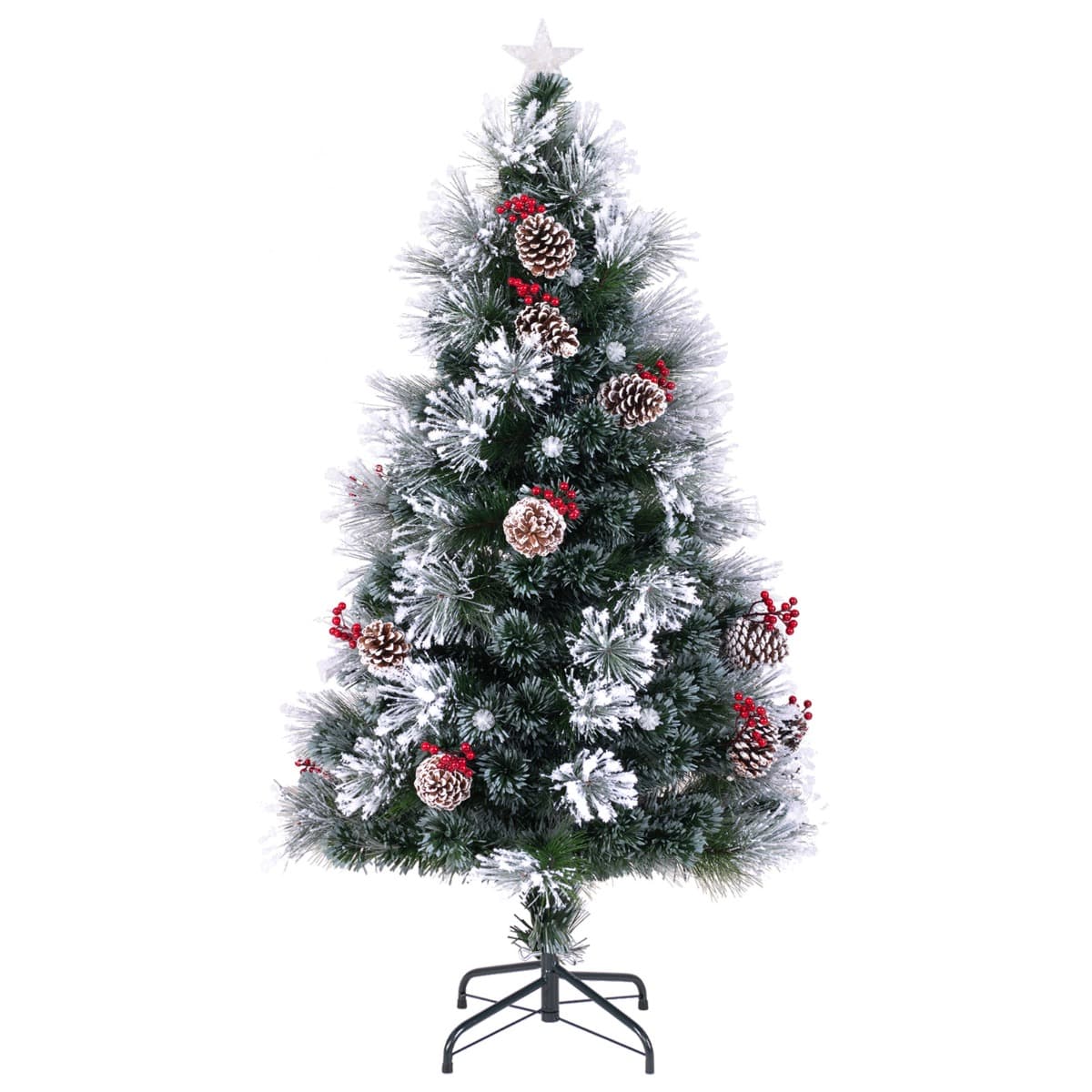CostwaySapin de Noël Floqué Pointes de Branches Grappes de Baies Rouges Pommes de Pin Fibres Optiques Lumières LED 8 Modes d'Eclairage 150CM