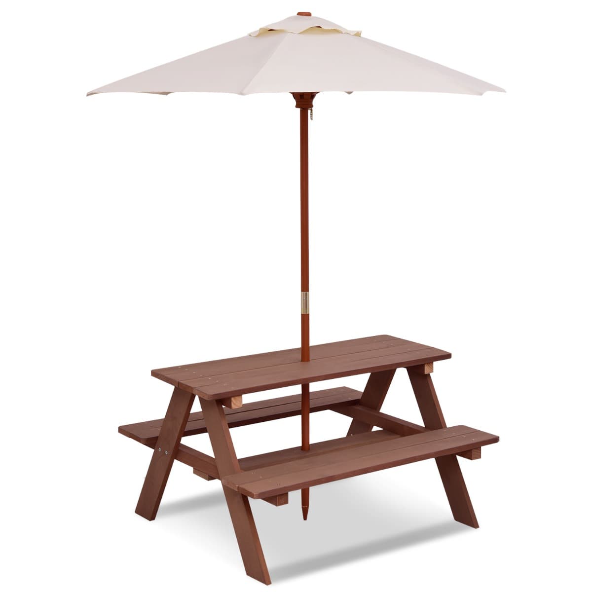 CostwayTable avec 2 Bancs et Parasol de Jardin pour Enfant en Sapin Table de Pique-nique pour 4 Enfants Beige + Marron