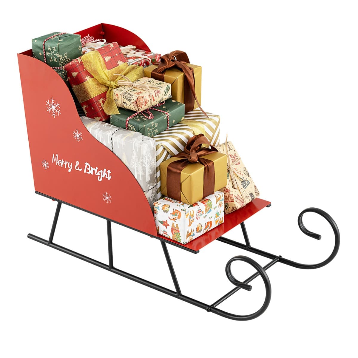 CostwayPanier Traîneau de Noël en Métal Traîneau de Rangement pour Cadeaux du Père Noël Charrette Décorative Festive 73,5 x 31 x 50,5 cm Rouge