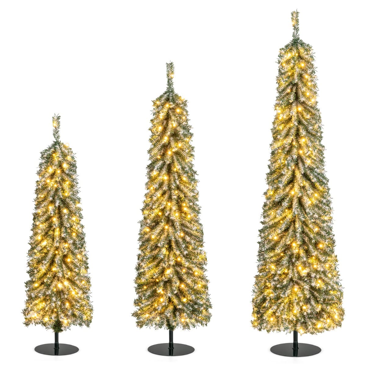 CostwayLot de 3 Sapins de Noël Artificiels de 120+150+180 cm Sapins de Noël en Forme de Crayon 216+302+505 Branches 100+120+180 Lumières LED