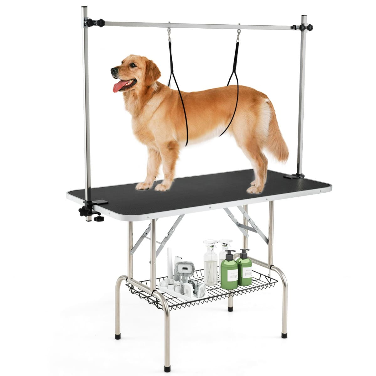 CostwayTable de Toilettage pour Chiens Station de Bain à Domicile Pliable avec Bras Réglables en Hauteur Laisses Pinces Plateau en Maille Noir