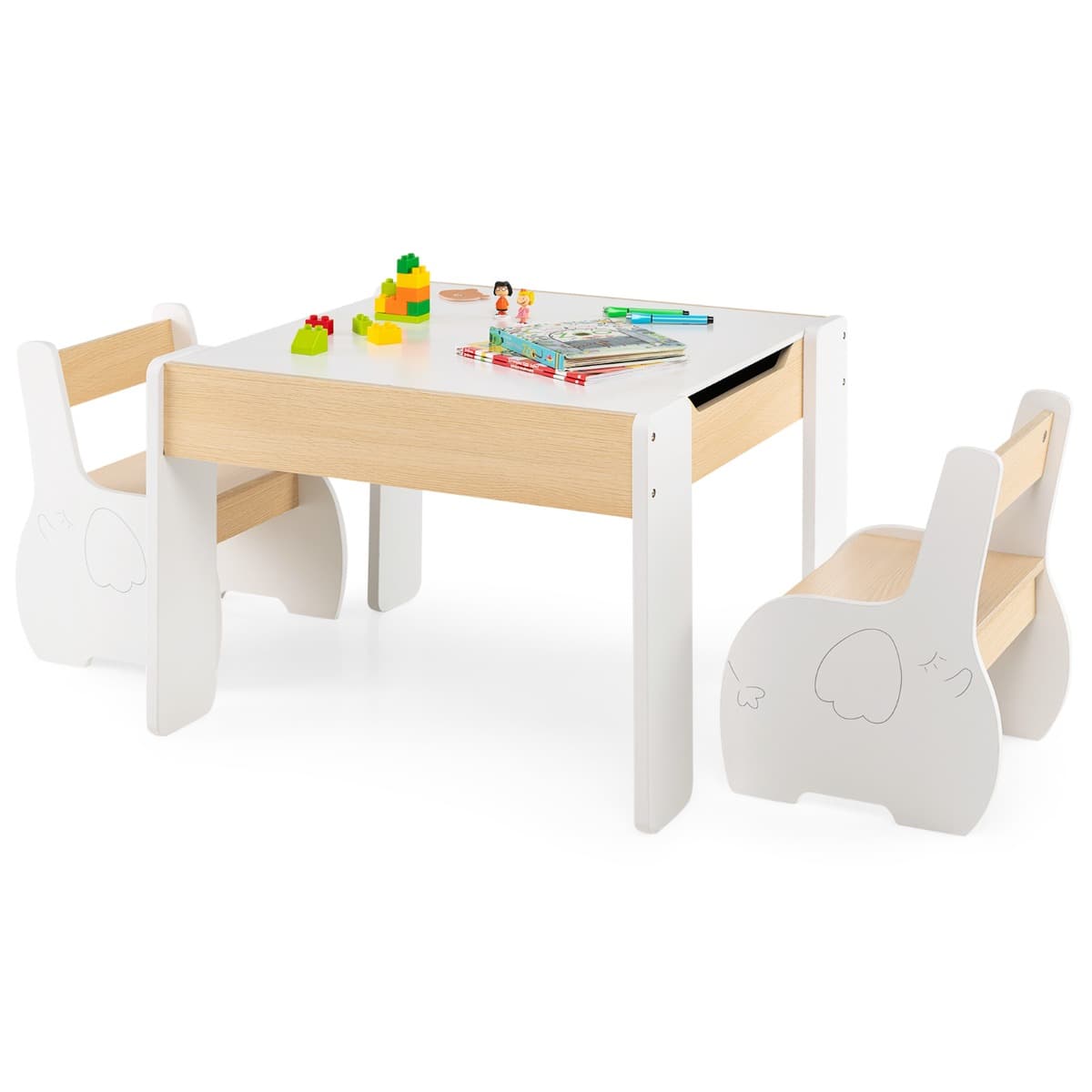 CostwayEnsemble Table et 2 Chaises 3 en 1 pour Enfant, Tableau 2 Face (Noir & Blanc ) avec Fonction de Stockage en Bois Blanc