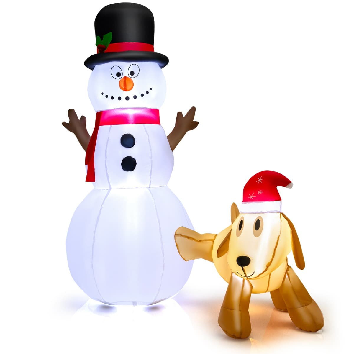 Costway180 cm Ensemble Gonflable Bonhomme de Neige et Chien Décoration de Noël Gonflable avec Lumières LED Intégrées Souffleur Imperméable Blanc